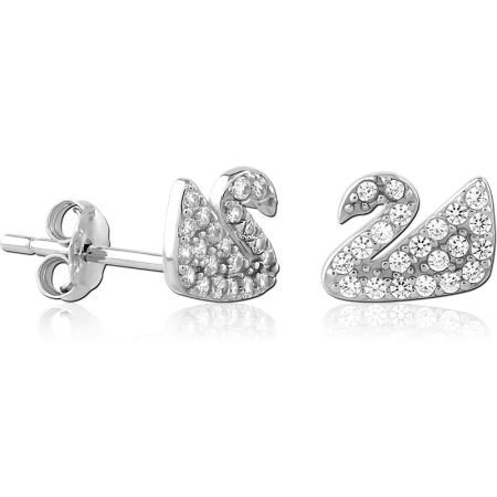 STERLING SILVER 925 STUD EARRINGS JEWELED SWAN SILHOUETTE WITH GEM ACCENTS