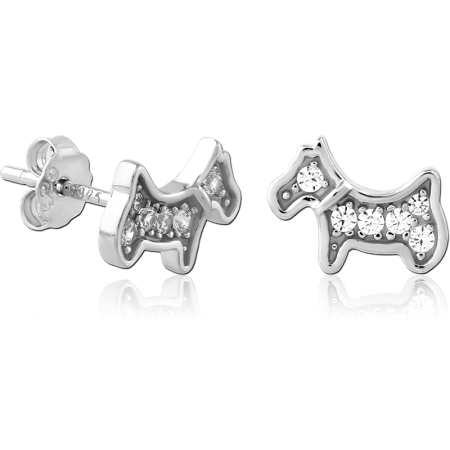STERLING SILVER 925 STUD EARRINGS JEWELED DOG OUTLINE SILHOUETTE WITH GEM ACCENTS