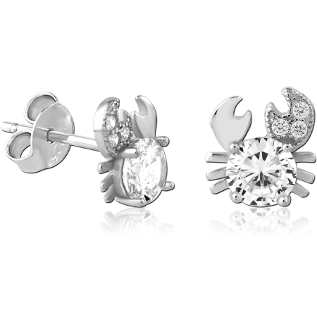 STERLING SILVER 925 STUD EARRINGS JEWELED CRAB DESIGN WITH LARGE CENTER GEM