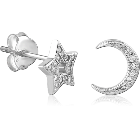 STERLING SILVER 925 STUD EARRINGS JEWELED STAR AND CRESCENT MOON DESIGN