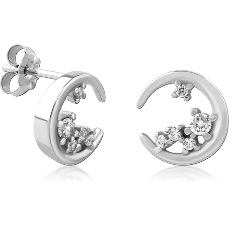 STERLING SILVER 925 EAR STUDS OPEN CRESCENT WITH CLUSTER GEMS