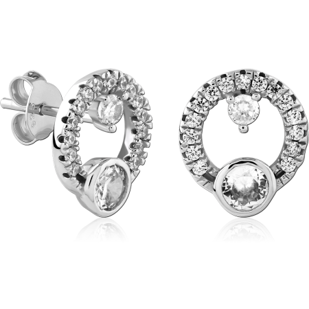 STERLING SILVER 925 EAR STUDS OPEN CIRCLE HALO WITH DOUBLE GEMS