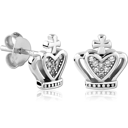 STERLING SILVER 925 EAR STUDS CROWN HEART WITH PAVE GEMS