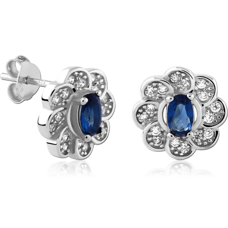 STERLING SILVER 925 EAR STUDS FLORAL WITH BLUE CENTER GEM AND GEMS