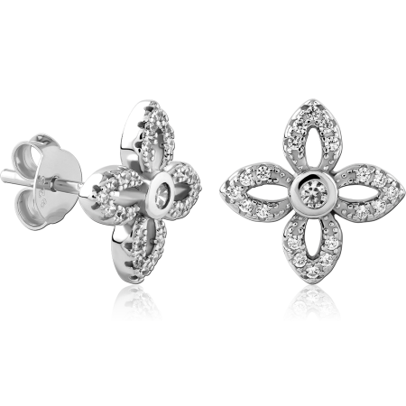 STERLING SILVER 925 EAR STUDS QUATREFOIL FLOWER WITH PAVE PETAL GEMS