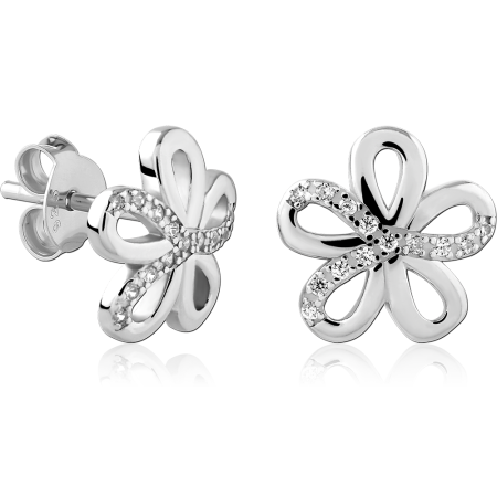 STERLING SILVER 925 EAR STUDS OPEN PETAL FLOWER WITH ACCENT GEMS