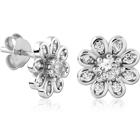 STERLING SILVER 925 EAR STUDS FLORAL SUNBURST WITH CENTER GEM AND GEMS