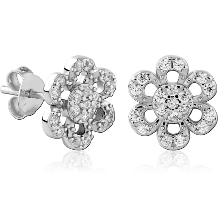 STERLING SILVER 925 EAR STUDS FLOWER CLUSTER CENTER WITH PAVE PETALS
