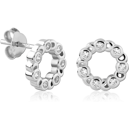 STERLING SILVER 925 EAR STUDS OPEN CIRCLE BEZEL SET GEMS