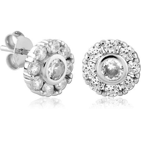 STERLING SILVER 925 STUD EARRINGS ROUND HALO CLUSTER GEM BEZEL CENTER