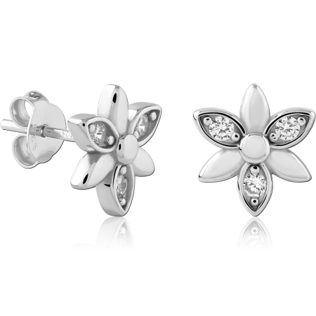 STERLING SILVER 925 STUD EARRINGS FIVE PETAL FLOWER GEM ACCENTS DESIGN