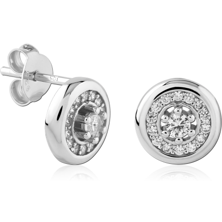 STERLING SILVER 925 STUD EARRINGS BEZEL DISC DOUBLE HALO GEM ROUND CENTER