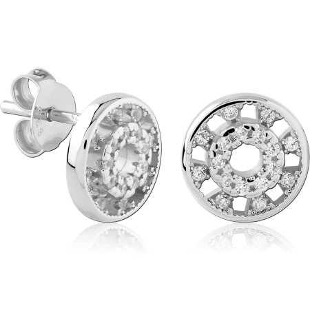 STERLING SILVER 925 STUD EARRINGS OPENWORK CIRCLE HALO GEM PATTERNED RIM