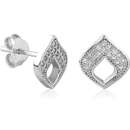 STERLING SILVER 925 STUD EARRINGS OPEN KITE OUTLINE PAVE GEM BORDER