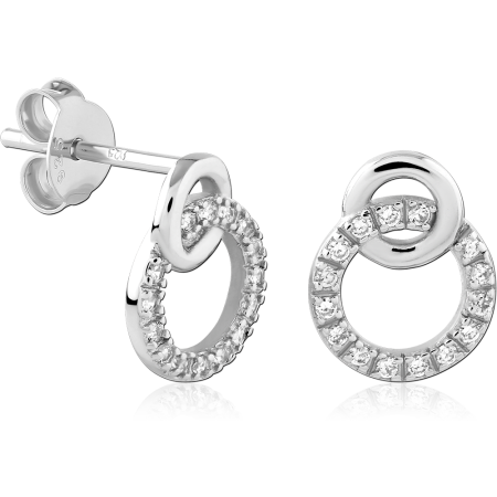 STERLING SILVER 925 STUD EARRINGS LINKED DOUBLE CIRCLE HOOP DROP GEM DESIGN