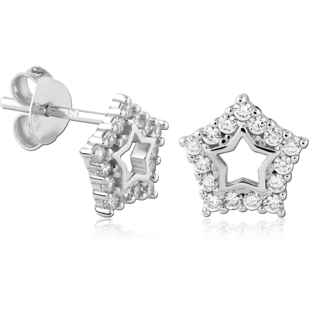 STERLING SILVER 925 STUD EARRINGS OPEN STAR OUTLINE GEM HALO BORDER