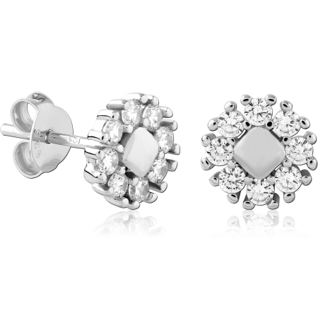 STERLING SILVER 925 STUD EARRINGS FLORAL CLUSTER GEM CUSHION CENTER SETTING