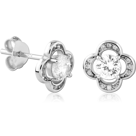 STERLING SILVER 925 STUD EARRINGS QUATREFOIL FLOWER OPENWORK CENTER GEM HALO