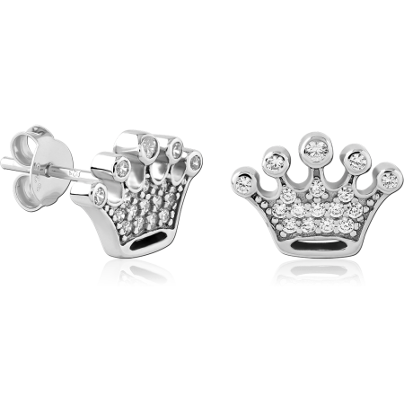 STERLING SILVER 925 STUD EARRINGS CROWN PAVE GEM TIARA DESIGN DETAIL