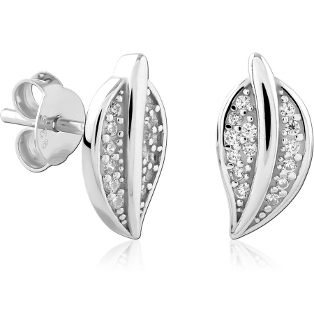 STERLING SILVER 925 STUD EARRINGS LEAF SPLIT VEIN PAVE CLEAR GEMS PAIR
