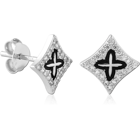 STERLING SILVER 925 STUD EARRINGS DIAMOND SHAPE BLACK ENAMEL CROSS CLEAR GEMS PAIR