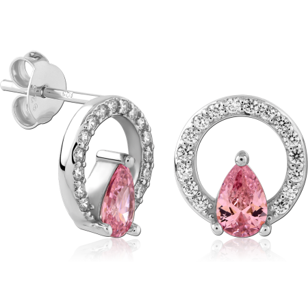 STERLING SILVER 925 STUD EARRINGS HALO CIRCLE PINK PEAR GEM WITH CLEAR ACCENTS PAIR
