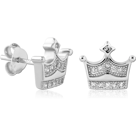 STERLING SILVER 925 STUD EARRINGS CROWN OUTLINE PAVE CLEAR GEMS PAIR