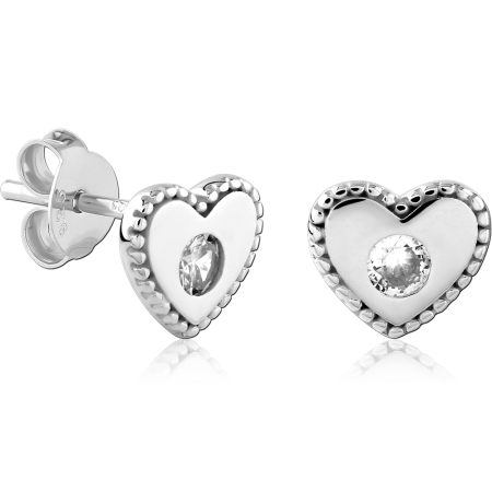 STERLING SILVER 925 STUD EARRINGS HEART BEADED EDGE ROUND CLEAR CENTER GEM PAIR