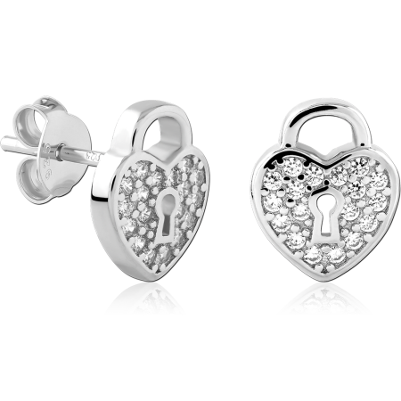 STERLING SILVER 925 STUD EARRINGS HEART PADLOCK KEYHOLE PAVE CLEAR GEMS PAIR
