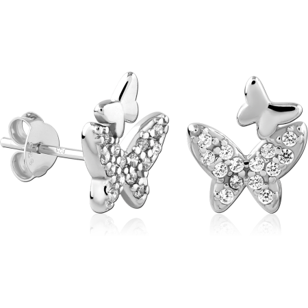 STERLING SILVER 925 STUD EARRINGS DOUBLE BUTTERFLY PAVE CLEAR GEMS PAIR