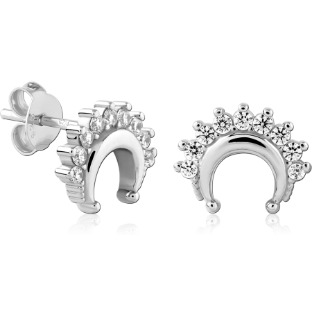 STERLING SILVER 925 STUD EARRINGS CRESCENT TIARA CLUSTER CLEAR GEMS PAIR
