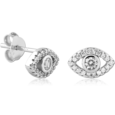 STERLING SILVER 925 STUD EARRINGS EVIL EYE CLEAR GEM HALO CENTER GEM PAIR