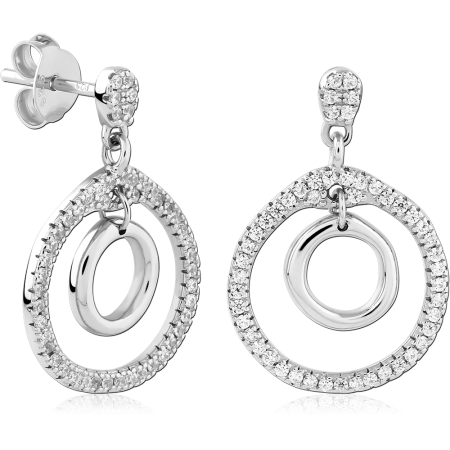 STERLING SILVER 925 STUD EARRINGS OPEN CIRCLE DROP WITH INNER RING JEWELED