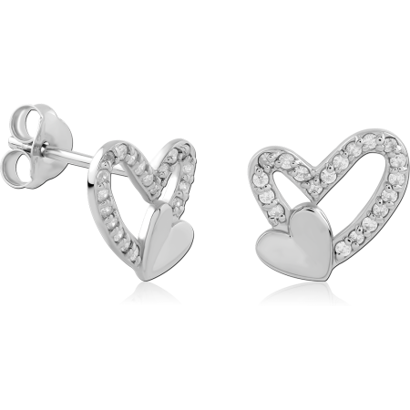 STERLING SILVER 925 STUD EARRINGS OPEN HEART JEWELED WITH SOLID HEART ACCENT