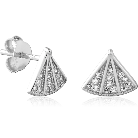 STERLING SILVER 925 STUD EARRINGS TRIANGULAR FAN JEWELED SEGMENT PANEL DESIGN