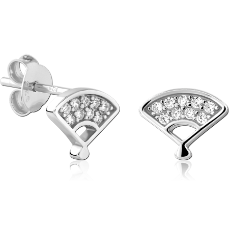 STERLING SILVER 925 STUD EARRINGS OPEN FAN JEWELED HALF CIRCLE DESIGN