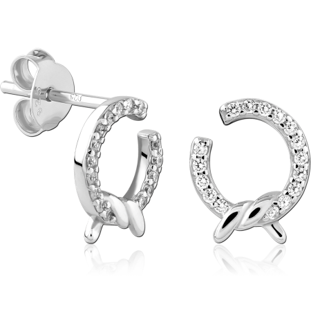 STERLING SILVER 925 STUD EARRINGS OPEN CIRCLE JEWELED WITH OVERLAPPING OVAL ACCENTS