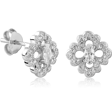 STERLING SILVER 925 STUD EARRINGS FLOWER OUTLINE JEWELED WITH MARQUISE CENTER