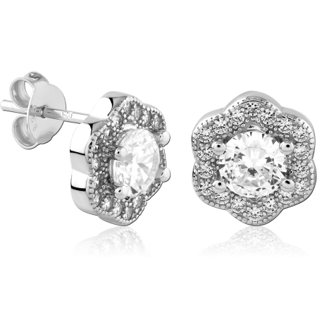 STERLING SILVER 925 STUD EARRINGS SCALLOPED FLOWER HALO WITH ROUND CENTER GEM