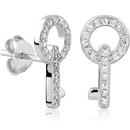 STERLING SILVER 925 STUD EARRINGS ROUND KEY JEWELED CUTOUT MOTIF DESIGN