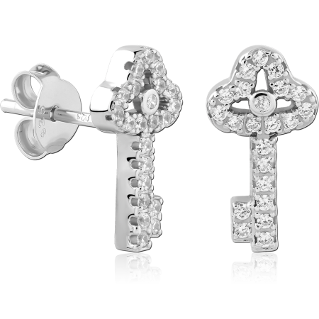 STERLING SILVER 925 STUD EARRINGS CLOVER TOP KEY JEWELED WITH CENTER GEM