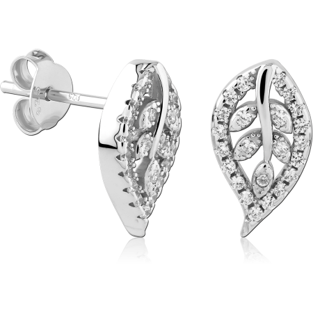 STERLING SILVER 925 STUD EARRINGS OPEN LEAF JEWELED WITH VEIN DETAIL