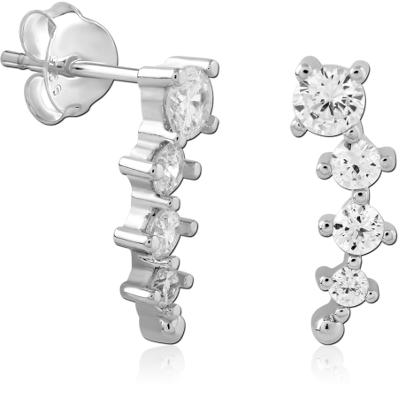 STERLING SILVER 925 STUD EARRINGS FOUR CLEAR GEM GRADUATED BAR DESIGN