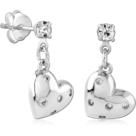 STERLING SILVER 925 STUD EARRINGS CLEAR GEM WITH DANGLE HEART CHARM