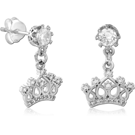 STERLING SILVER 925 STUD EARRINGS CLEAR GEM WITH DANGLE CROWN CHARM