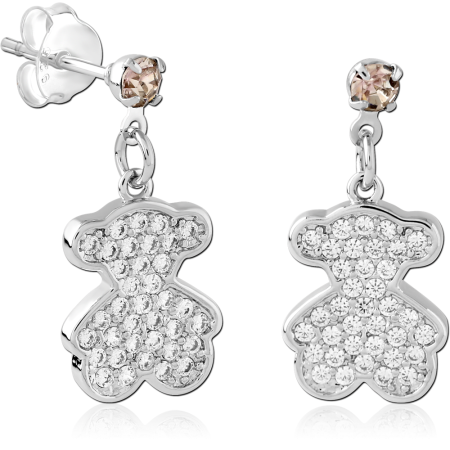 STERLING SILVER 925 STUD EARRINGS PAVE CLEAR GEMS WITH TEDDY BEAR CHARM