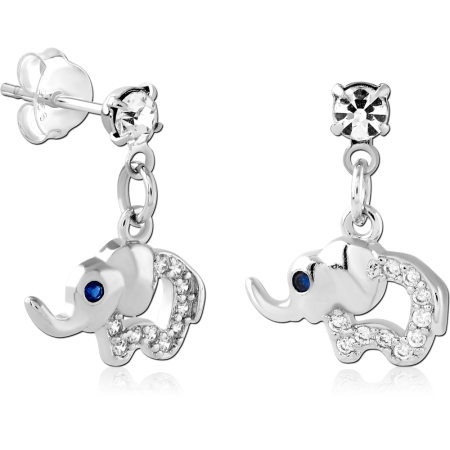STERLING SILVER 925 STUD EARRINGS CLEAR AND BLUE GEMS WITH ELEPHANT CHARM