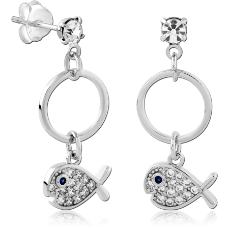 STERLING SILVER 925 STUD EARRINGS CLEAR AND BLUE GEMS WITH FISH CHARM