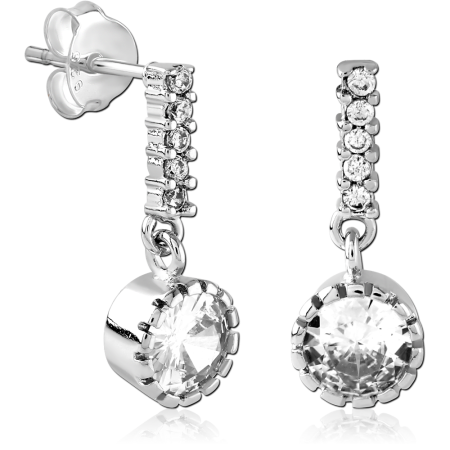 STERLING SILVER 925 STUD EARRINGS PAVE BAR WITH ROUND GEM DROP