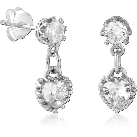 STERLING SILVER 925 STUD EARRINGS CLEAR ROUND TOP WITH HEART GEM DROP